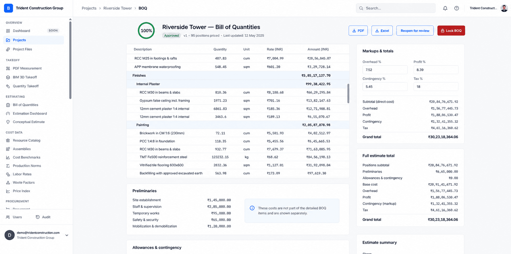 A Bill of Quantities editor showing priced line items, section subtotals, and a markups panel with overhead, profit, contingency, and tax computing a grand total