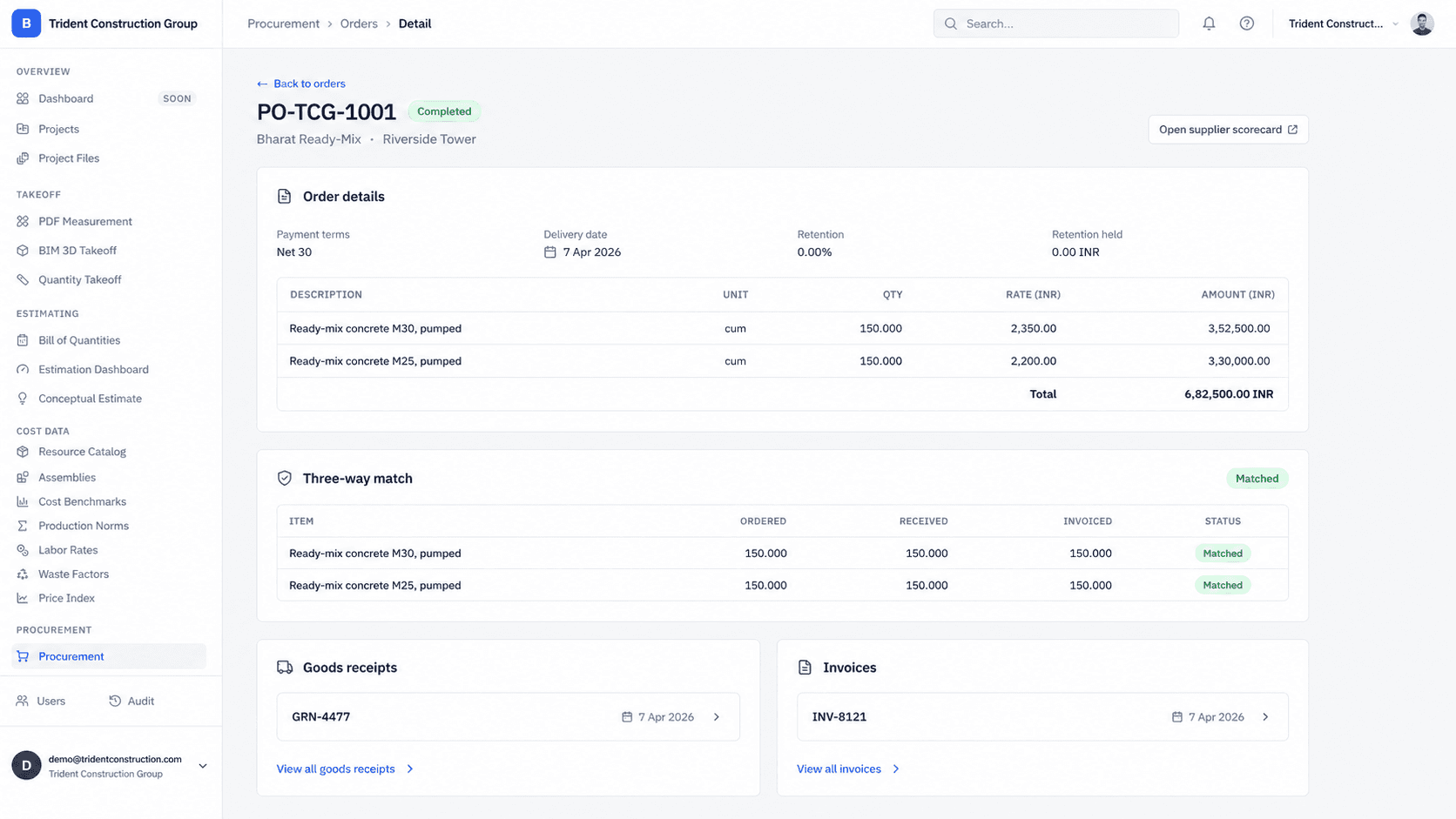 Buildiante procurement interface showing a purchase order with linked goods receipt and supplier invoice, with ordered, received, and invoiced quantities aligned